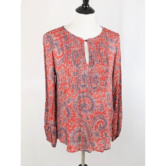 Maroon Paisley Print Peasant Blouse Flowy Pleated Casual Top Balloon Sleeves - Picture 4 of 9